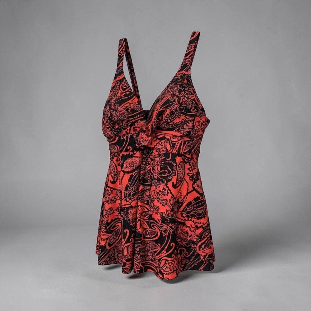 Womens XL Coral Black Paisley Tankini Top Swimdress Flowy Tropical Resort